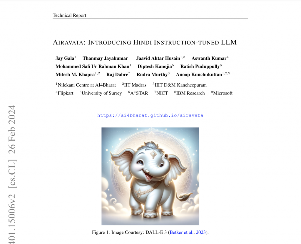 Illustration of Airavata, depicted as a playful, smiling white elephant with decorative ornaments, floating against a heavenly background with radiant sun rays. This image serves as the cover for a technical report on an AI model titled "AIRAVATA: INTRODUCTION OF HINDI-INSTRUCTION-TUNED LLM," listing multiple authors and affiliations with prominent research institutions and companies.