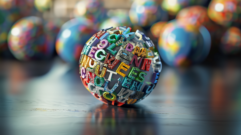 A sphere made of colorful letters lying on a wooden table. In the background, blurred spheres and bookshelves are visible.