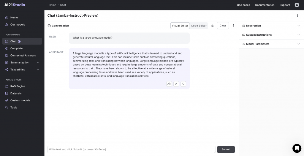 Screenshot of an AI21 Studio webpage with a chat interface, where the user asks, "What is a large language model?" and the assistant responds with a detailed explanation about large AI models, their training, and applications such as chatbots and translation services.