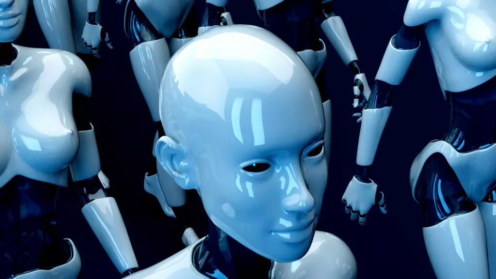 Gruppe von humanoiden Robotern mit glänzenden, glatten Oberflächen. Die Roboter haben ein futuristisches Design mit schlanken, stilisierten Körpern und einem minimalistischen Aussehen. Ihre Gesichter sind ohne erkennbare Merkmale wie Augen, Nase oder Mund und wirken dadurch etwas unheimlich und abstrakt. Die Roboter stehen dicht beieinander, was auf eine Massenproduktion oder eine Art von Einheit hinweist. Die Farbgebung des Bildes ist überwiegend in Blautönen gehalten, was eine kühle, technologische Atmosphäre erzeugt.