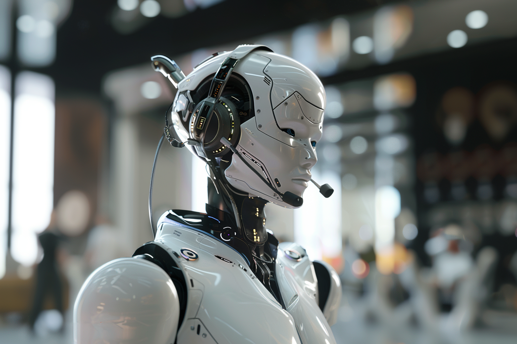 Ein hochentwickelter Roboter in einem futuristischen Design, der ein Headset mit Mikrofon trägt, steht in einem geschäftigen, modernen Büro. Der Roboter symbolisiert den Einsatz von KI im Kundenservice. Im Hintergrund sind unscharf einige Menschen zu sehen, die in einer professionellen Umgebung arbeiten.