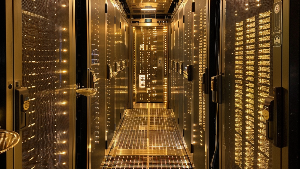 The image shows the interior of a data center with rows of server racks. The racks are illuminated with numerous small lights, giving the area a golden glow. The metal mesh doors and structured cabling are visible, and the floor is made of perforated panels for ventilation. This image is featured in an article with the theme "use internal data with AI".