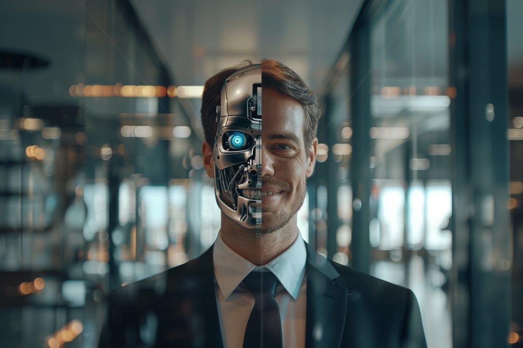 A man in a suit stands in a modern office. The right half of his face and body is human, while the left half is depicted as a robot with mechanical parts and a glowing blue eye. This representation symbolizes the use of AI in consulting.