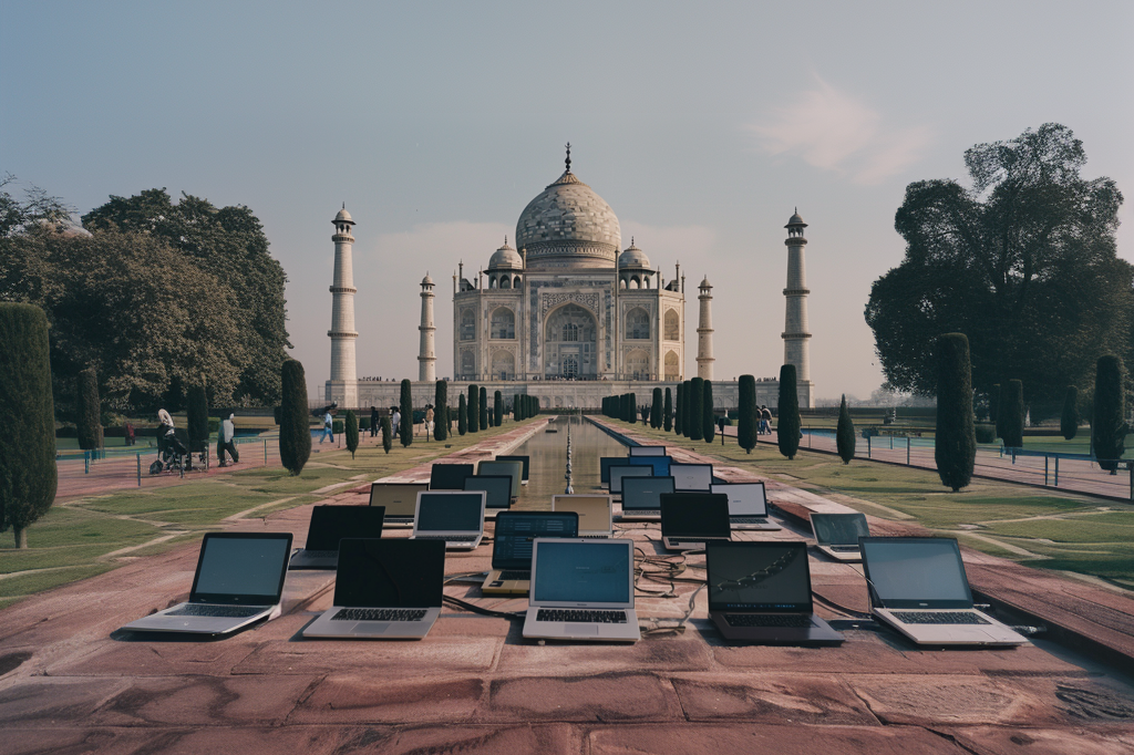 A series of laptops is set up in front of the iconic Taj Mahal in India. This image symbolizes the use of AI in politics, especially regarding the upcoming elections in India in 2024. In the foreground are the laptops, indicating the digital transformation and the influence of artificial intelligence on political processes, while the Taj Mahal in the background represents India's cultural significance and heritage.