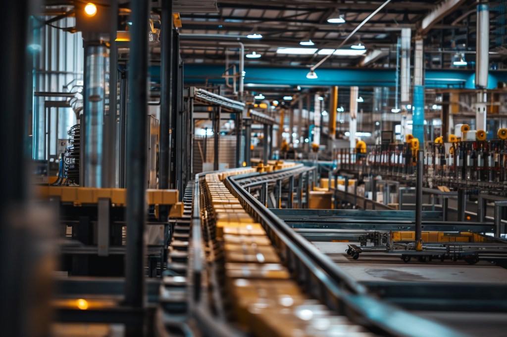A modern factory interior with an automated assembly line featuring robotic arms and conveyor belts. The image depicts a high-tech manufacturing environment, emphasizing the efficiency and precision of operations to automate processes with AI.