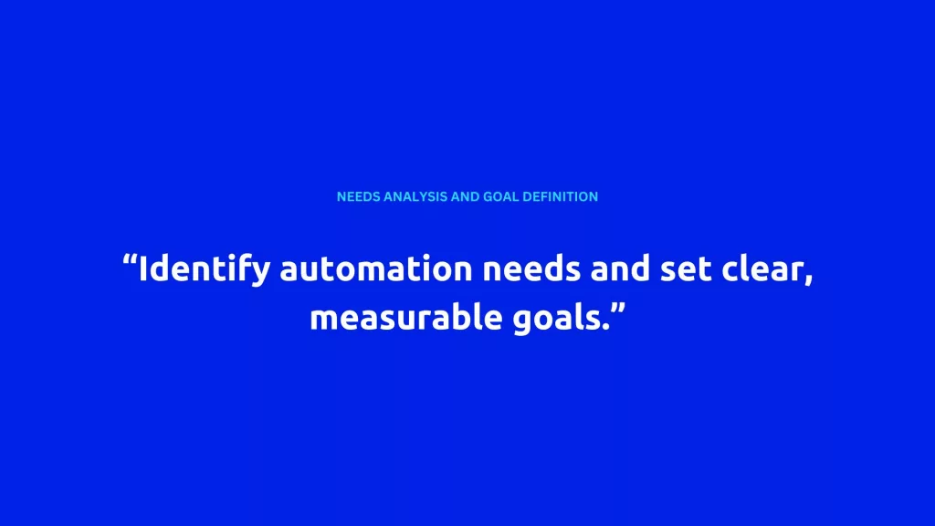 A blue background with the text "NEEDS ANALYSIS AND GOAL DEFINITION" in smaller font at the top, and a larger quote below saying "Identify automation needs and set clear, measurable goals." The image emphasizes the importance of defining goals to automate processes with AI.