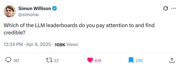 X post of Simon Willison asking for LLM benchmarks