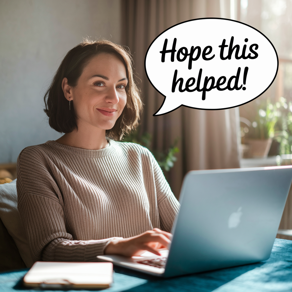 Woman saying 'hope this helped!' indicating that the blog post about LLM benchmarks finished